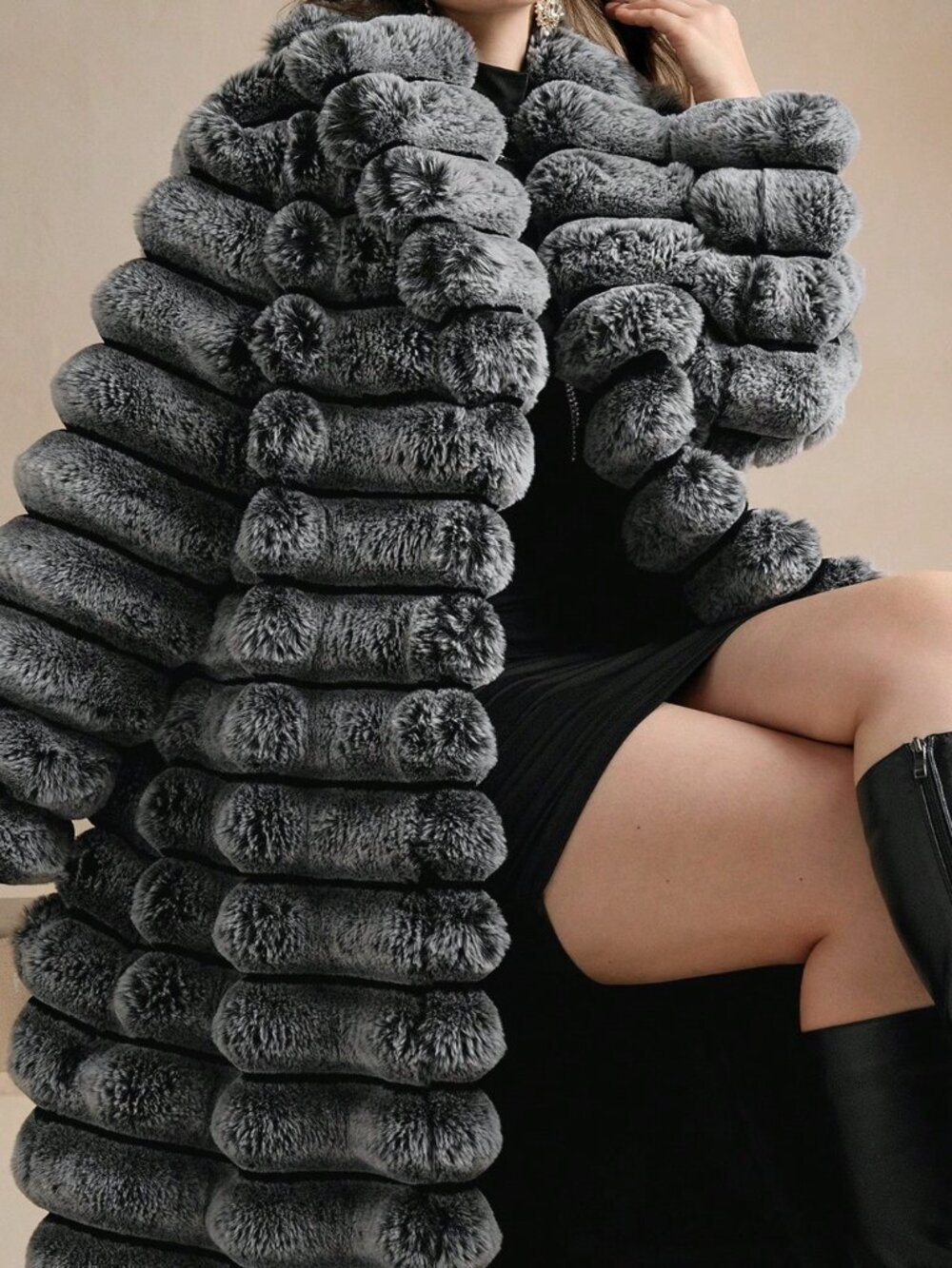 Black And White Plain Women's Fuzzy Single-Breasted Long Coat